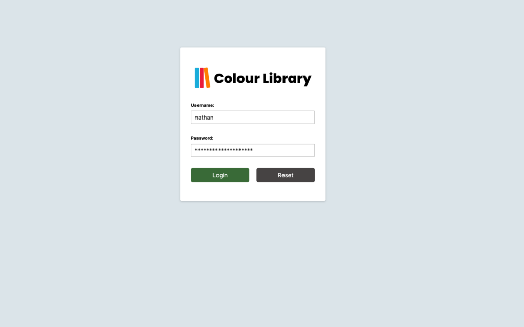 A mockup of the login screen for the ColourLibrary app