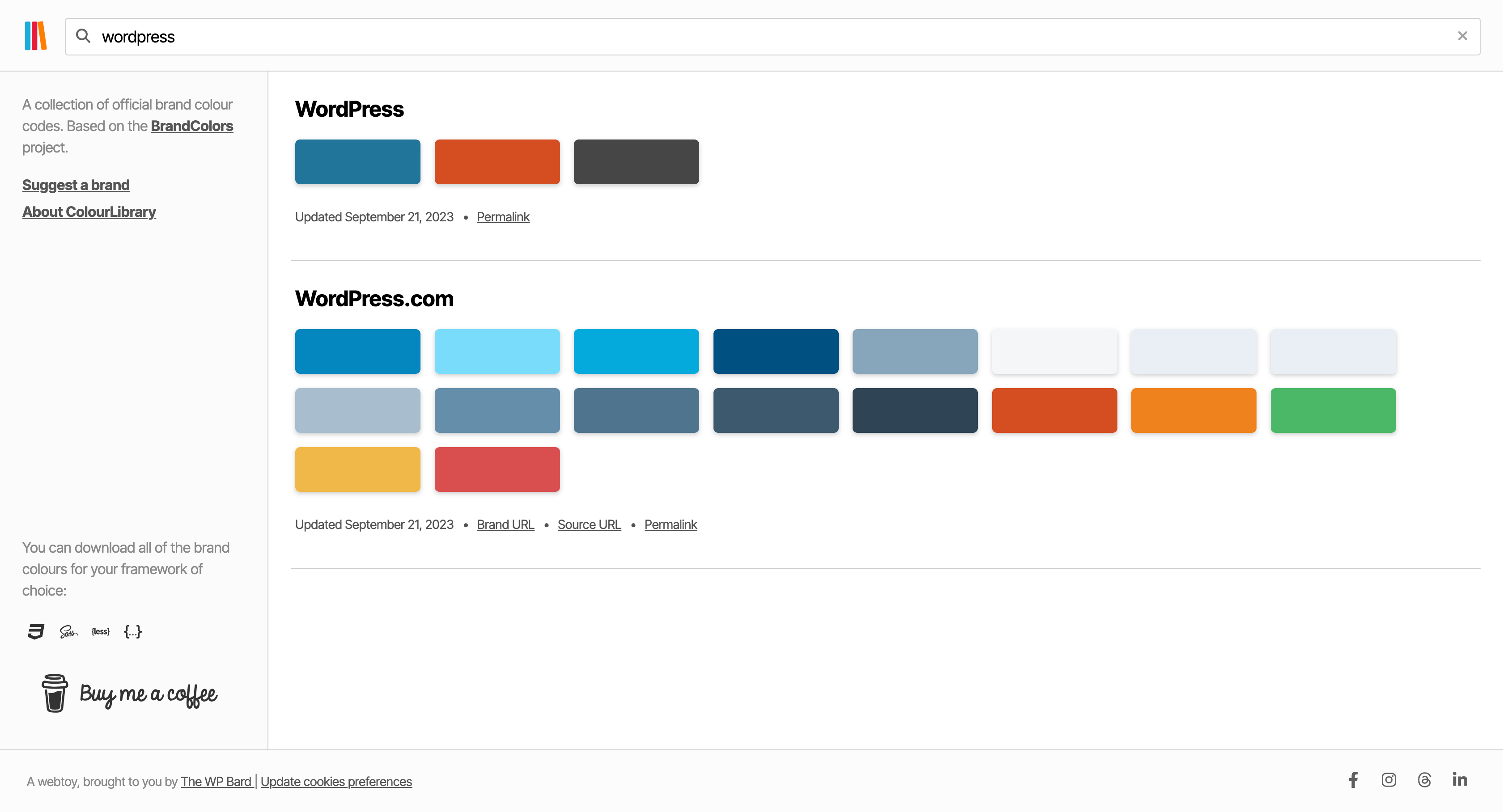 A screenshot of ColourLibrary, returning results for WordPress and WordPress.com