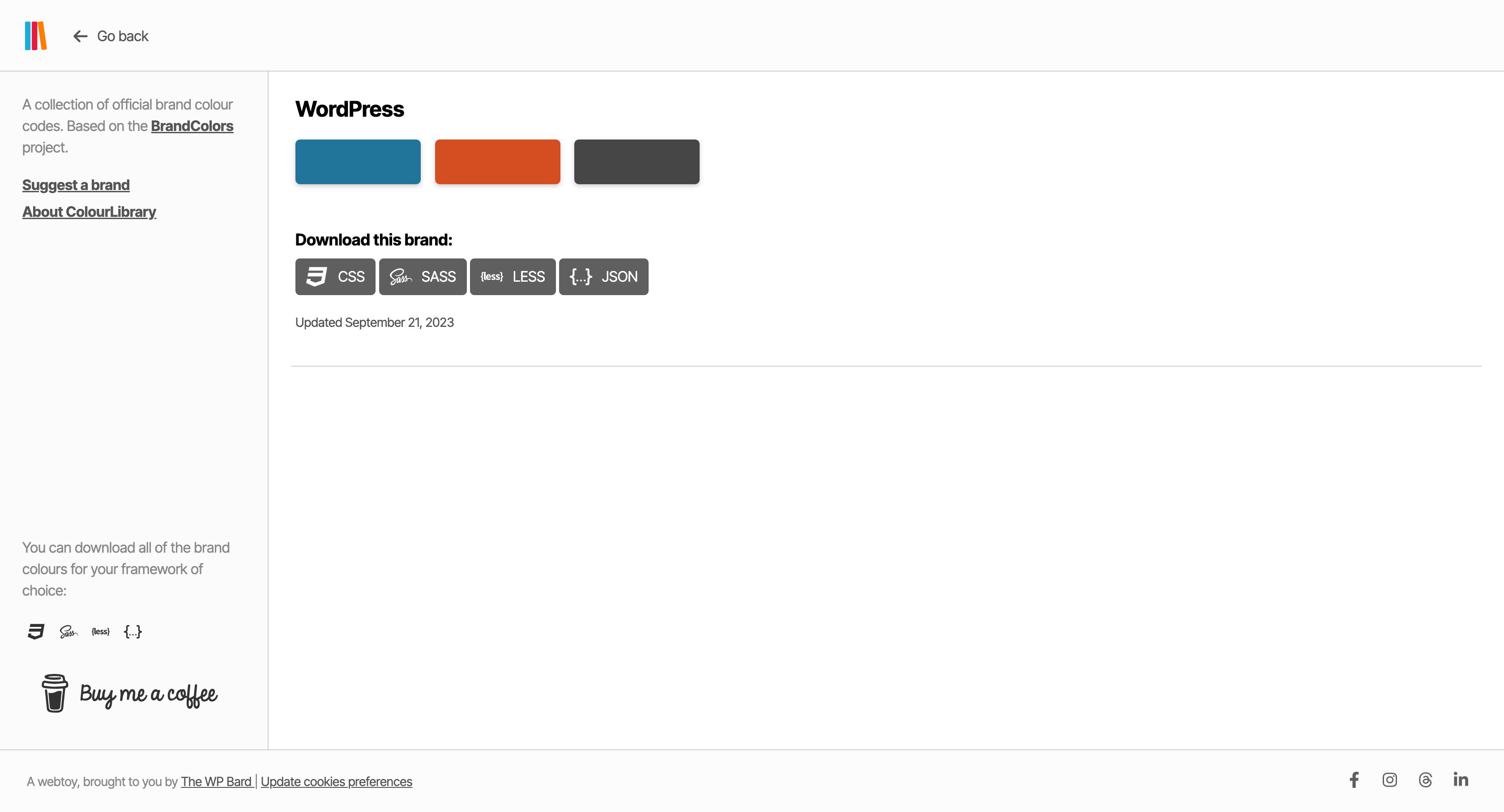 A screenshot of WordPress's brand colours in ColourLibrary, showing CSS, SASS, LESS, and JSON options.