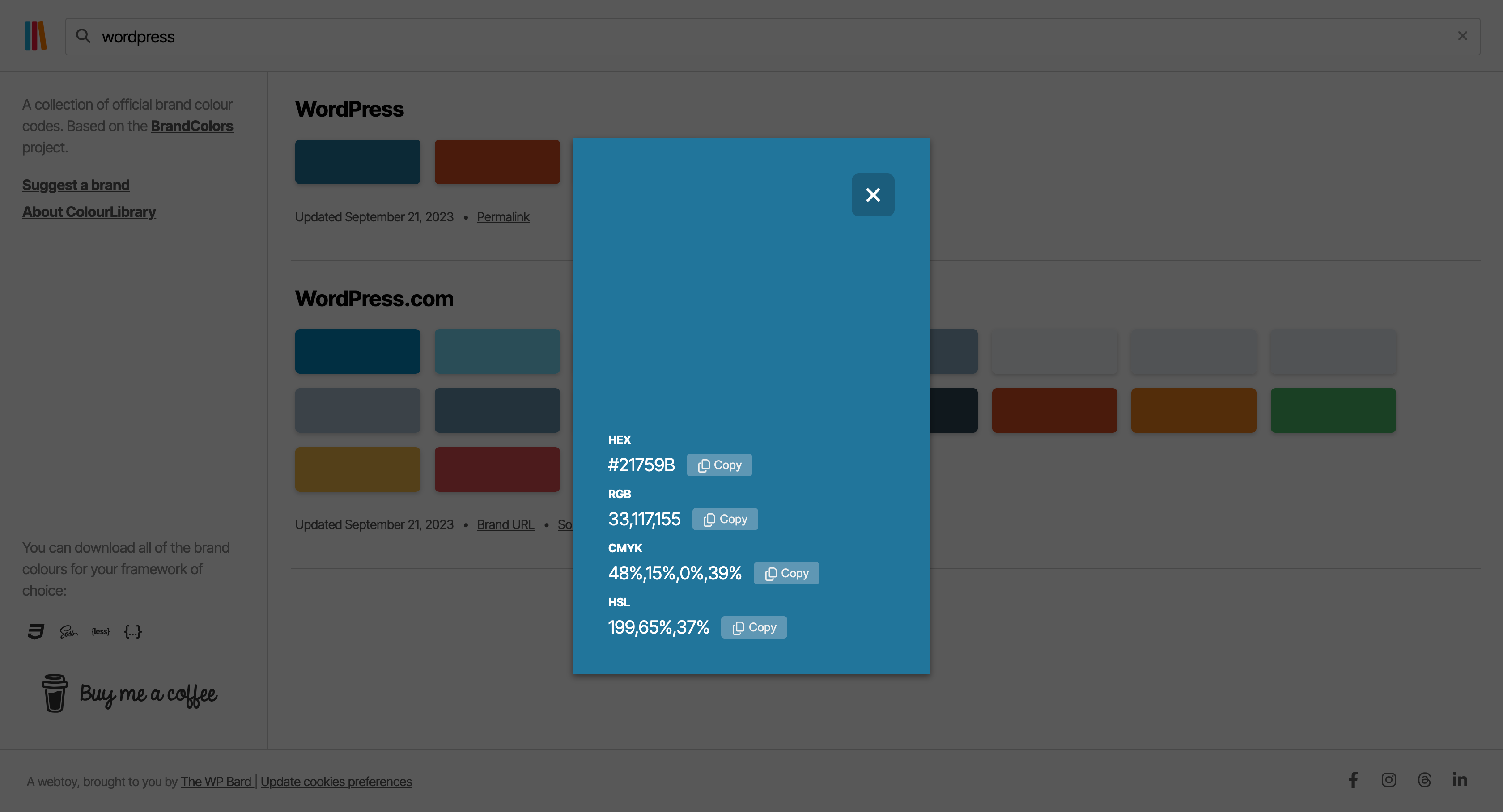 A screenshot showing the individual swatch of a colour listed in ColourLibrary.