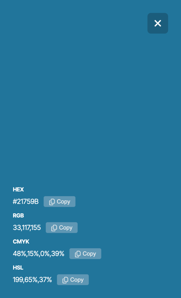 A screenshot showing the individual swatch of a colour listed in ColourLibrary on mobile