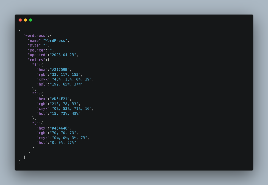 A sample of the original JSON file used for Colour Library.